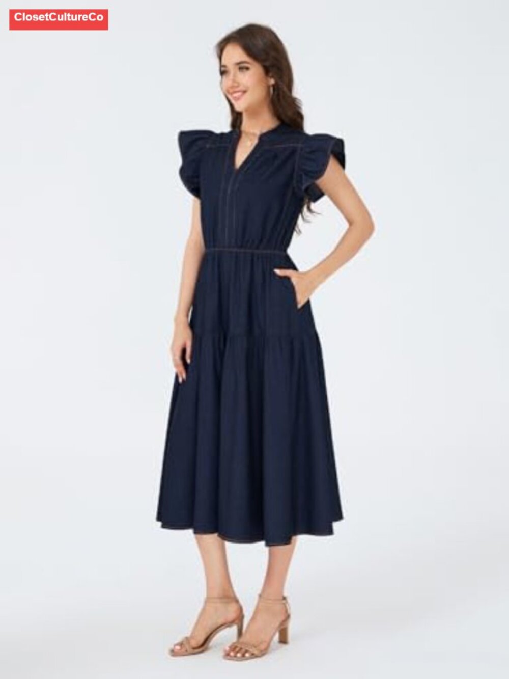 Womens Summer Denim Chambray Maxi Dress Ruffle Sleeve V Neck Tiered Flowy - Picture 2 of 5